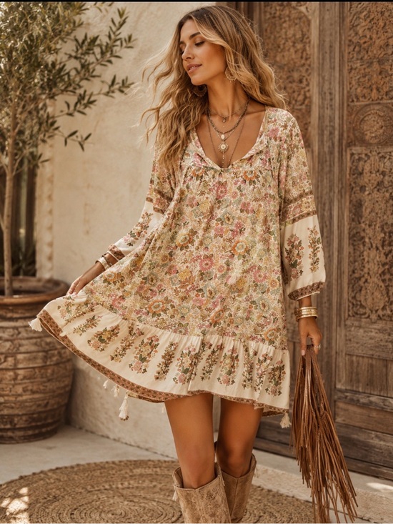Dresses & Skirts - Women's Floral Boho Sleep Tunic - Cream with Pink & Green Floral